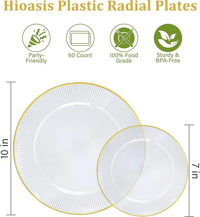 Hioasis 60pcs Clear Gold Plastic Plates - Gold Disposable Dinnerware Set, 30pcs Dinner 10.25in & 30pcs dessert 7.5in plates with striped designs for party & wedding