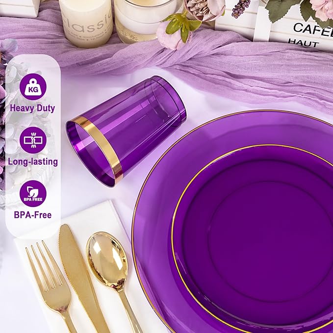 YOUBET 175PCS Purple Plastic Plates - Purple and Gold Disposable Plates Include 50 Plate, 75 Silverware, 25 Cups, 25 Napkins for Wedding & Mardi Gras Party