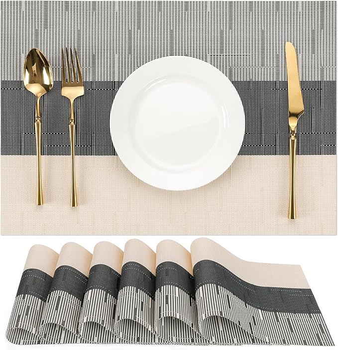 Placemats Set of 6, Vinyl Woven Place Mats Indoor Set of 6 Washable Wipeable PVC Table Mats Heat-Resistant Non Slip Plastic Placemat for Kitchen Dining Outdoor Table (Beige Black, Set of 6)