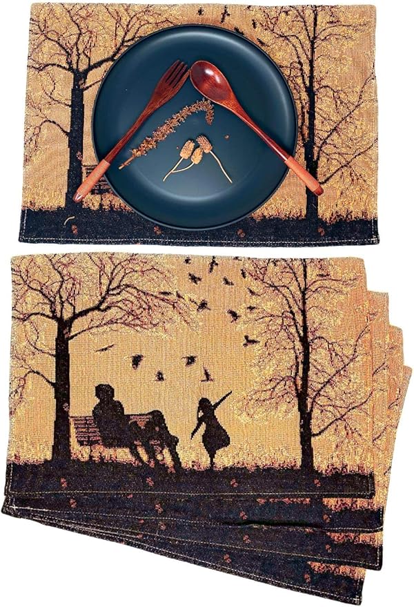 DaDalogy Farmhouse Rustic Dining Placemats - Set of 4 Tapestry Woven Cotton Halloween Kitchen Table Mats Fall Silhouette Decor - Family Cozy Cabin Orange Tan Black Decorative - 13” x 19”