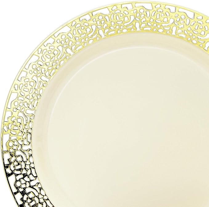 OCCASIONS 240 Plates Pack,(120 Guests) Heavyweight Premium Wedding Party Disposable Plastic Plates Set -120 x 10.25'' Dinner + 120 x 7.5'' Salad/Dessert (Florence Ivory/Gold)