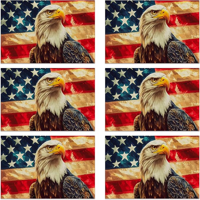American Flag Placemats Set of 6, Linen Washable for Christmas, Thanksgiving, Party, and Daily Dining, Retro Eagle Decorative Table Mats for 4-6 Person Table