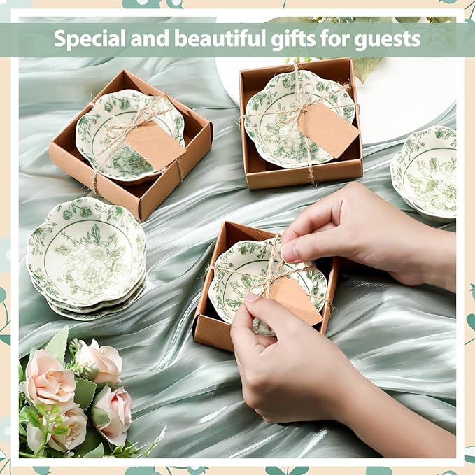48 Pcs Wedding Favors for Guests Small Ceramic Bowl Bulk Gifts Set 3.3 Inch Floral Design Mini Dipping Sauce Dish with Card Box for Bridal Pooja Baby Shower Birthday Guest Gift (Sage Green)