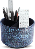 Round Leather Art Supply Organizer,Remote Control Holder,360 Degree Spinning,Multi-Functional Pencil Holder,4 Compartments Desktop Stationary Organizer(1-Rich Flower Blue)