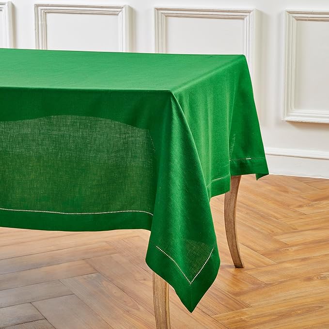 Solino Home Garden Green Linen Tablecloth 60 x 90 Inch - 100% Pure Linen Hemstitch Table Cloth for Rectangle Tables - Classic Hemstitch, Machine Washable Tablecloth for Winter, St Patricks Day, Easter