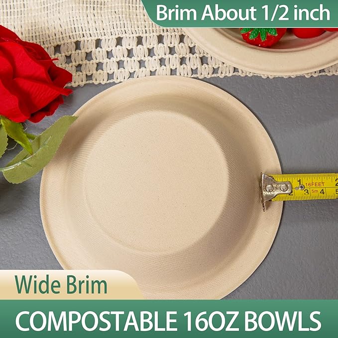 16 oz Compostable Paper Bowls 200pack, Heavy-Duty, Eco-Friendly, Bulk Pack, Disposable Bowls, Biodegradable Made of Sugar Cane Fibers, Hot or Cold Use(natural)