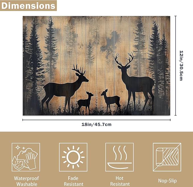 Rustic Deer Forest 12x18 Inch Placemats Set of 6 - Waterproof, Non-Slip & Washable Rustic Wildlife Moose Forest Animal Table Mats for Kitchen & Dining Table Placemats