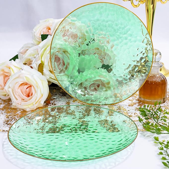 Rubtlamp 100 Pcs Clear Green Plastic Plates, Gold Hammered Plastic Salad Platos, Green Disposable Platos With Gold Rim,7 Inch Dessert Platos Disposable, Dessert Appetizer Platos