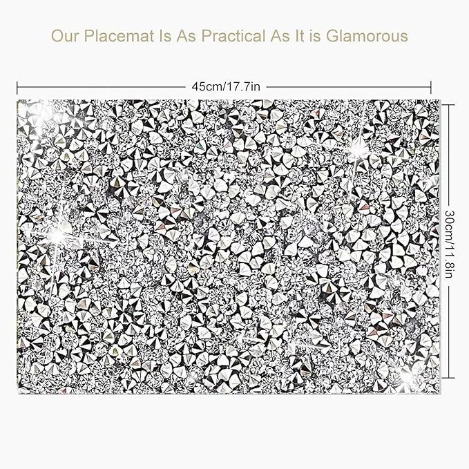 Silver Heat Resistant Square Placemats - Set of 12 with Rhinestone Decor and Sparkly Bling