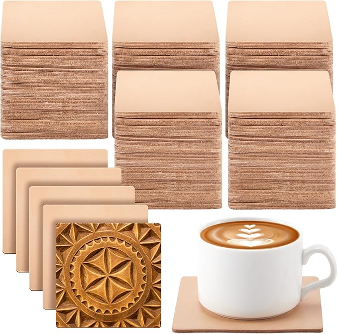Bulyoou 50 Pack 4" Square Veg Tan Leather Crafts Tooling Vegetable Leather for Coasters Tooling Stamping Carving Dyeing Laser Embossing, Thickness 3.2 mm