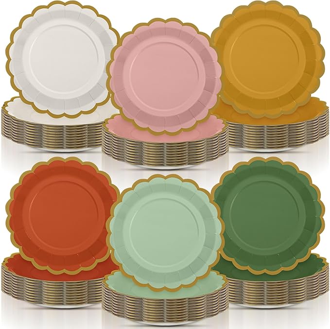 96 Pcs Fall Boho Paper Plates 9 Inch Gradient Scalloped Paper Disposable Dinner Dessert Plates for Birthday Wedding Bridal Party Supplies, 6 Colors