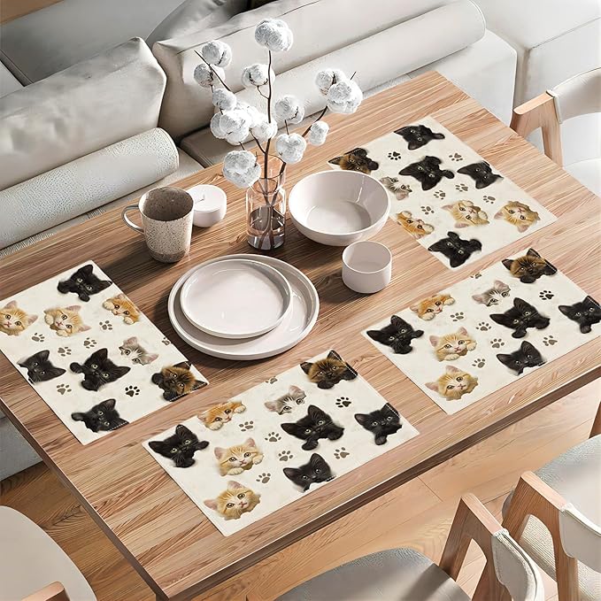 Cat Placemats Set of 6, Cute Black Cats Table Mats, Animal Washable Place Mats for Coffee Bar Home Party Indoor Kitchen Dining Table Decoration 12x18 Inch