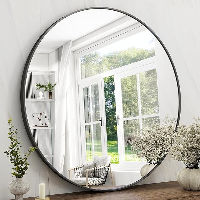 36 Inch Round Bathroom Mirror - Black Wall Mounted Circle Mirror with Metal Frame, Modern Round Hanging Mirror Suitable for Bathroom, Vanity, Entryway, Living Room