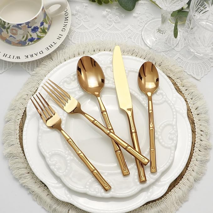 DEACORY Silverware Set Gold Bamboo Pattern Handle Flatware Set, 40-Piece Stainless Steel Cutlery Set Service for 8
