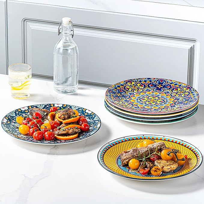 HENXFEN LEAD Dinner Plates Set of 6-10.5 Inch Large Ceramic Plates, Colorful Serving Dishes for Kitchen & Restaurant, Dishware, Microwave & Oven safe - Bohemian Style