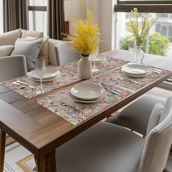 Artoid Mode Birds Flower Butterfly Placemats Set of 4, 12x18 Inch Plastic Woven Wipeable Non-Slip PVC Place Mats for Party Kitchen Dining Decor