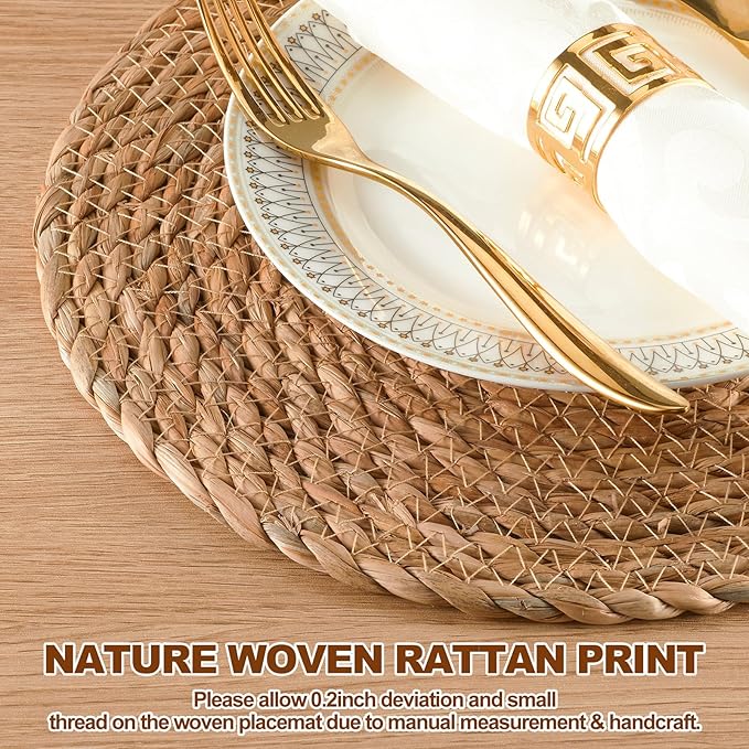 Round Woven Placemats 13.5 inch Set of 4 - Boho Rattan Placemat Natural Water Hyacinth Placemats, Farmhouse Weave Place Mats, Rustic Braided Wicker Table Mats for Dining Table,Home,Wedding