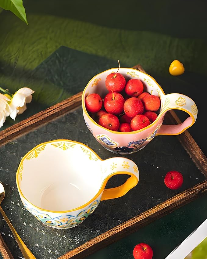 25oz Ceramic Soup Bowl with Handle – Handcrafted Floral Pottery Cereal & Ramen Bowl – Large Microwave & Dishwasher Safe Decorative Bowl for Everyday Use or Gift (Crimson Frost, 20oz)