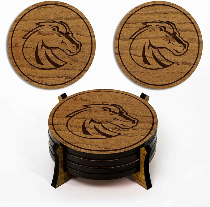 LazerEdge Boise State Broncos Wooden Coaster Set - Cherry Wood - Officially Licensed Product - 4-Pack