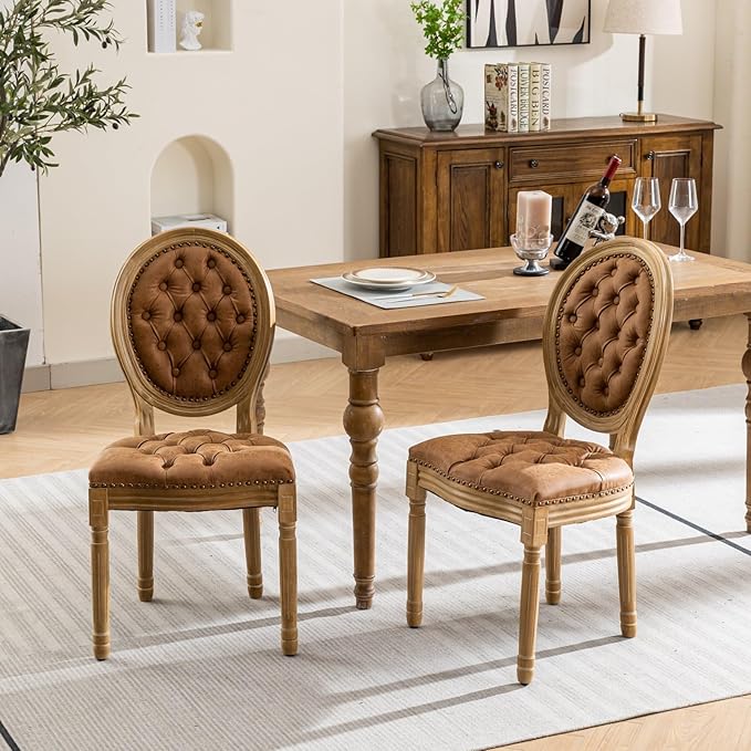 Vintage French Dining Chairs Set of 8, Round Back PU Leather Upholstered Accent Chairs with Nailhead Trim and Solid Wood Frame, Farmhouse Sillas de Comedor for Dining Room & Kitchen, Whiskey Brown