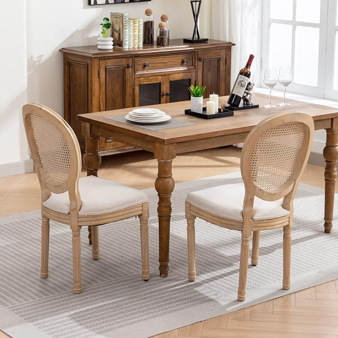 Ball & Cast French Vintage Upholstered Dining Chairs Set of 2, Antique Painting Wooden Kitchen Side-Chairs with Rattan Back & Carved Solid Wood Frame, 2-Piece Curved Backrest Louis Chair, Beige