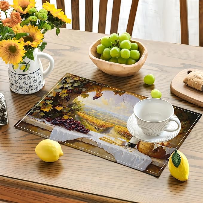 Wine Placemats Set of 6, French Country Grape Place Mats, Grapes Waterproof Washable Table Mats for Home Party Indoor Kitchen Dining Table Decoration 12x18 Inch