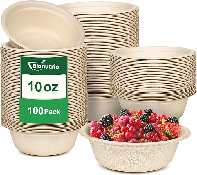 Paper Bowls 10 oz, 100 Pack Small Disposable Bowls, Heavy Duty Paper Bowls for Hot Soup, Salad, Dessert, 100% Compostable Biodegradable Microwavable Safe