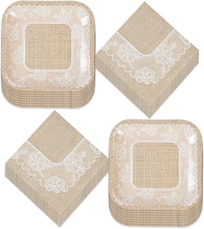 HOME & HOOPLA Wedding Party and Bridal Shower Rustic Burlap and Lace Paper Dessert Plates and Beverage Napkins (Serves 16)
