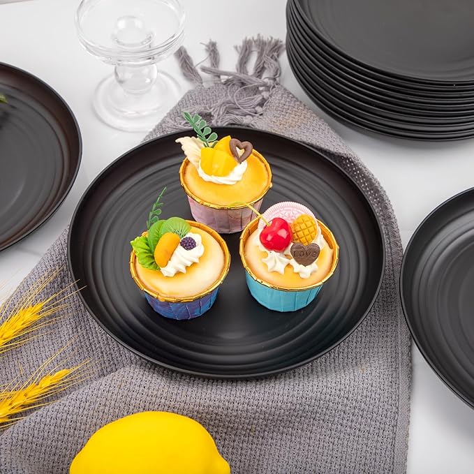 LIYH 20 Pcs Wheat Straw Black Plastic Plates - 9 Inch Unbreakable Dinner Plate Reusable, Dishwasher & Microwave Safe, Camping Outdoor Plates