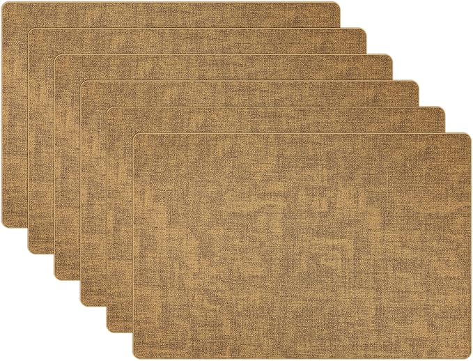 Placemats Set of 6 Faux Leather Heat Resistant Tables Mats Waterproof Oilproof Wipeable Reversible Anti-Slip Place Mats for Kitchen/Dining/Party/Outdoor 11.8" x 16.9", Caramel
