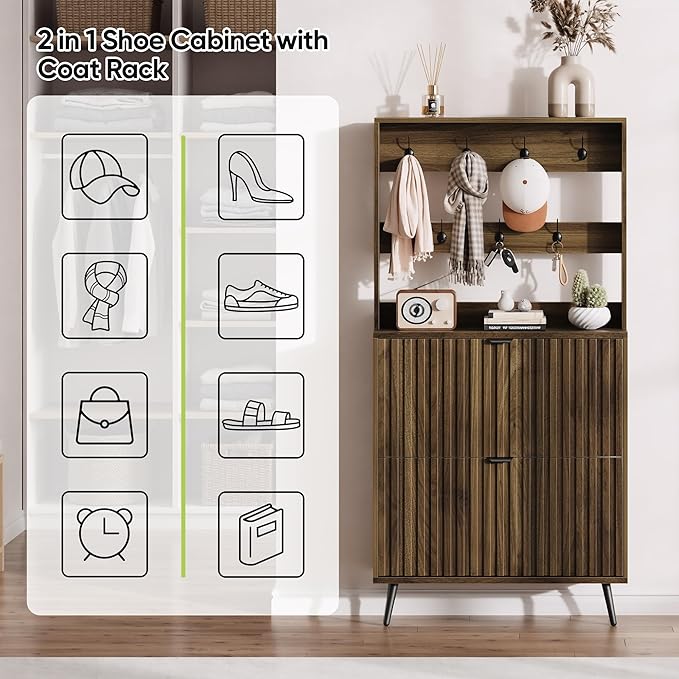 Tall Shoe Cabinet with Coat Rack,Fluted Shoe Cabinet Storage for Entryway, Walnut Hidden Shoe Cabinet with Metal Legs,Shoe Organizer Cabinet, Slim Entryway Shoe Storage Cabinet （31.5in）
