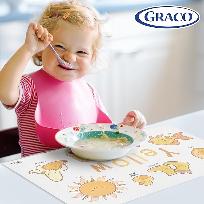 Graco Baby Disposable Stick-On Placemats, 40 Sheets with Assorted Designs, 12" x 18", Adhesive Table Mats for Mealtime, Home & Restaurant Use, Eco-Friendly