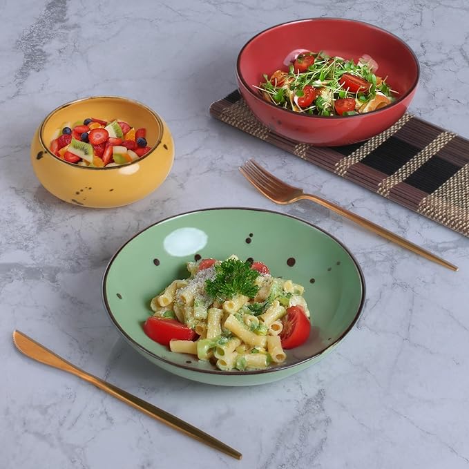 Esfour 7.95 Inch Porcelain Pasta Bowl, 23.6 Ounces Salad Bowls, Microwave & Dishwasher Safe, Sturdy & Stackable, Set of 6 Ceramic bowls Plates Set, Wide Shallow salad Bowls Set, Vivid Assorted Colors
