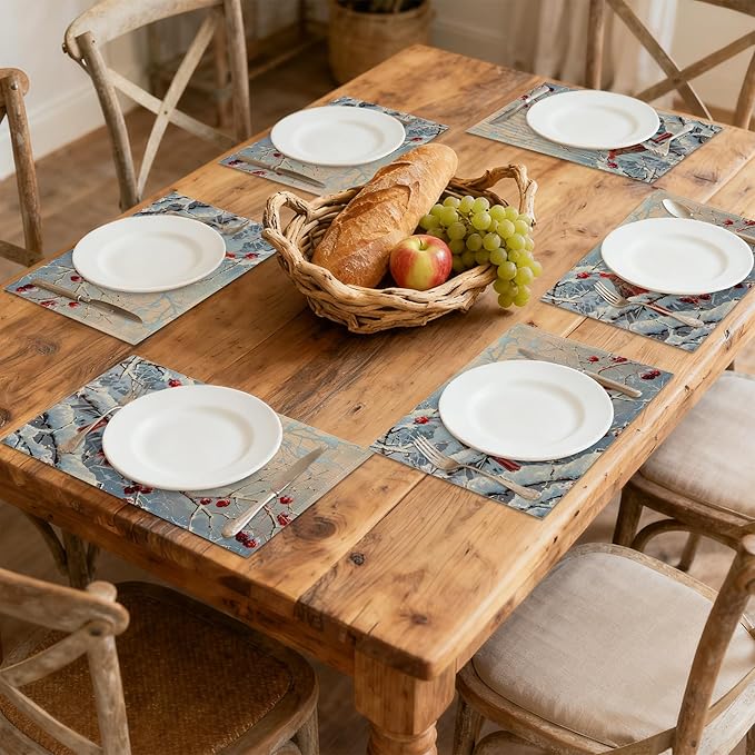 Table Placemats Set of 6, Waterproof Linen Fabric, Non-Slip Backing & Easy Clean, Elegant Dining Table Protectors for Family and Guests(Red Cardinal Bird Christmas)