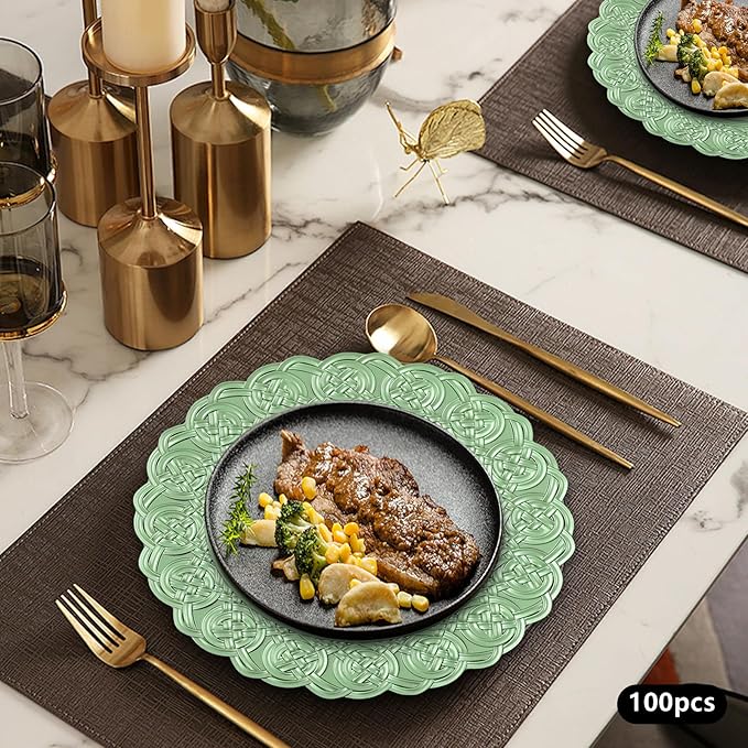 100 Pcs Antique Charger Plates Bulk, 13in Reusable Serving Plates Embossed Rim Plastic Party Dinner Plate Chargers Round Decorative Server Plate for Wedding Party Event Tableware