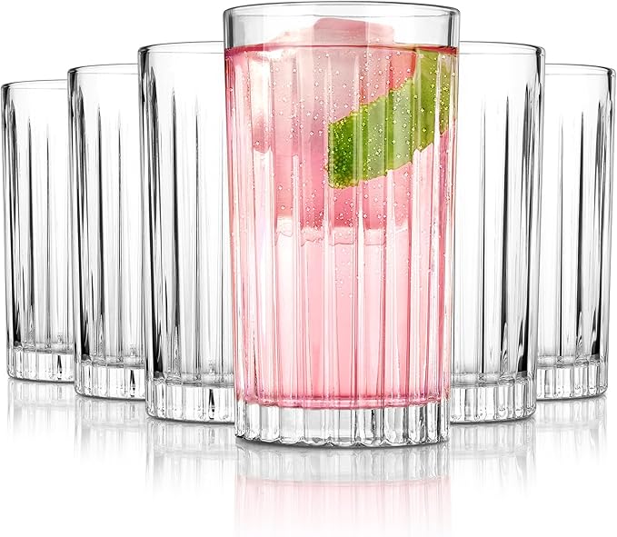 Royalrose Premium VertiLine 13.5oz Highball Glasses, 6pc Tall Glass Sets. Lead-Free Crystal Drinking Glasses. Water Glasses, Mojito Glass Cups, and Mixed Drink Cocktail Glass Set. (Tall glasses)