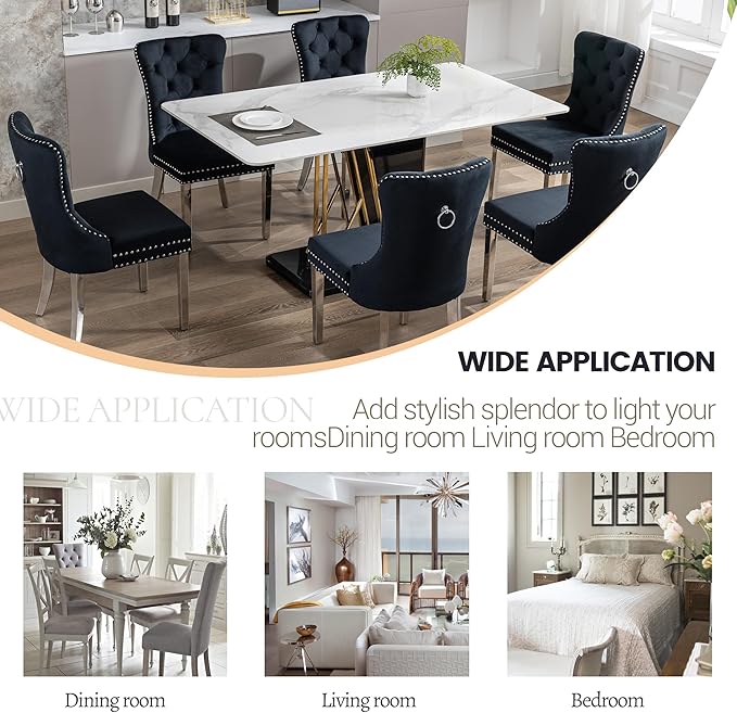 KCC Velvet Dining Chairs Set of 2, Upholstered High-end Tufted Dining Room Chair with Nailhead Back Ring Pull Trim Stainless Steel Legs, Contemporary Nikki Collection Modern Style for Kitchen, Black