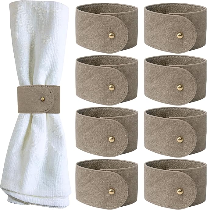 Luxury Leather Napkin Rings Set of 8, Grey, Morgan Faux Style, Modern Cuff Design for Wedding Party Decorations, Kitchen, Holiday Table,Rust Proof,Hotel, Home, Table Accessories, Dining