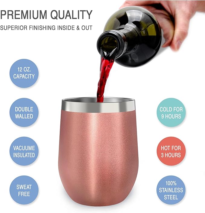 CHILLOUT LIFE 12 oz Stainless Steel Wine Tumblers 4 Pack - Double Wall Vacuum Insulated Wine Glasses Cups with Lids and Straws Set Keeping Cold & Hot for Coffee, Beer, Ice Cream - Rose Gold