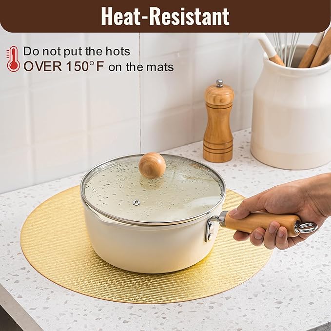 Jovono 15" Faux Leather Big Round Placemats Set of 4 - Washable Heat Resistant Non-Slip Dining Table Mats with Fabric Texture for Kitchen Home Party Wedding Decor, Gold