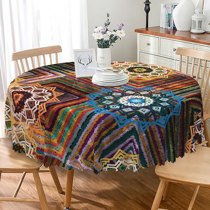 Laeacco 70 Inch Colorful Patchwork Round Tablecloth Woven Flowers Geometric Abstract Art Print Table Cloth Washable Waterproof Wrinkle Free Table Cover for Kitchen Dining Picnic Party Decoration