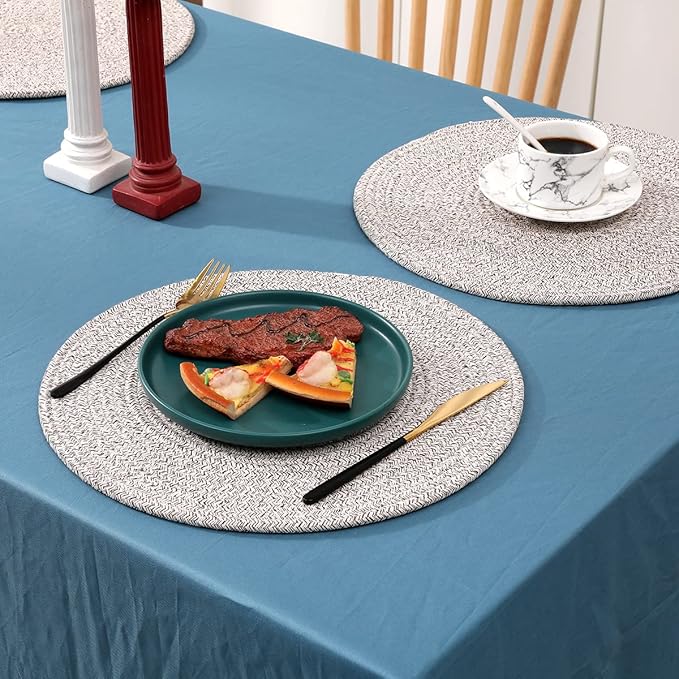 6 Pack Round Woven Placemats,13.8 inch Plate Chargers Mixed Brown Thick Place Mats Cotton Rope Braided Tablemats Rattan Mats for Christmas Table Decoration