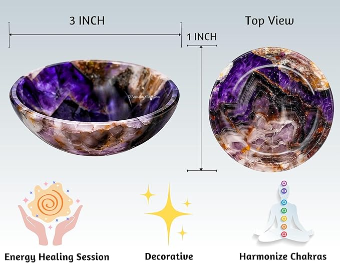 Amethyst Crystal Bowl - 3 Inch Decorative Bowls for Room and Home Decor - Gemstone Healing Crystals for Elegant Display, Positive Energy Balance and Gift