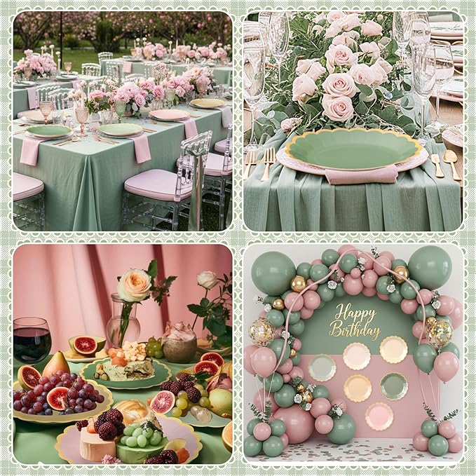 48 Pcs Sage and Pink Paper Plates 9 Inch Gradient Scalloped Paper Disposable Dinner Dessert Plates for Birthday Wedding Bridal Party Supplies, 6 Colors