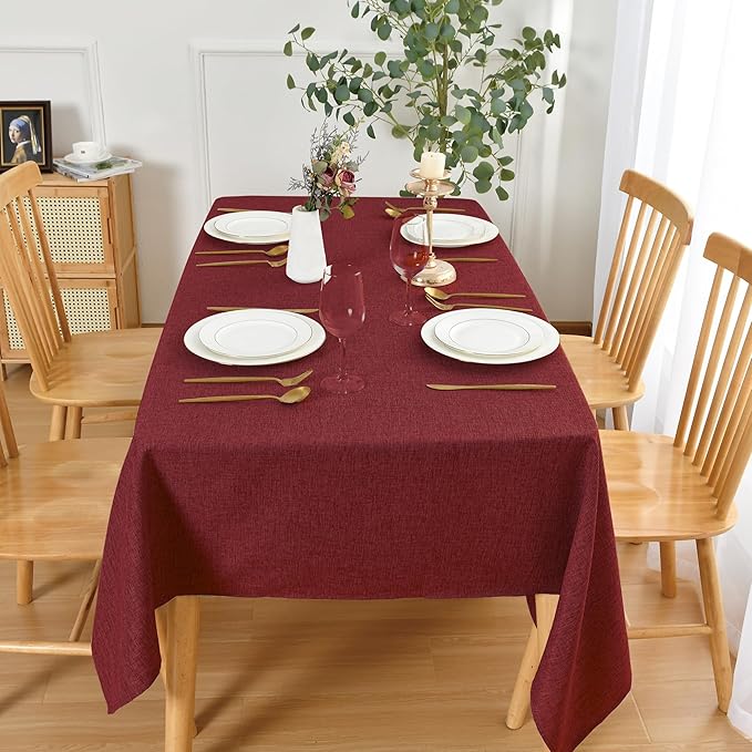 JIUZHEN Square Table Cloth Faux Linen Farmhouse Tablecloth Wrinkle Stain Resistant Tablecloth Table Cover for Kitchen Dining, Holiday Party Dinner, 60 x 60 Inch, Red