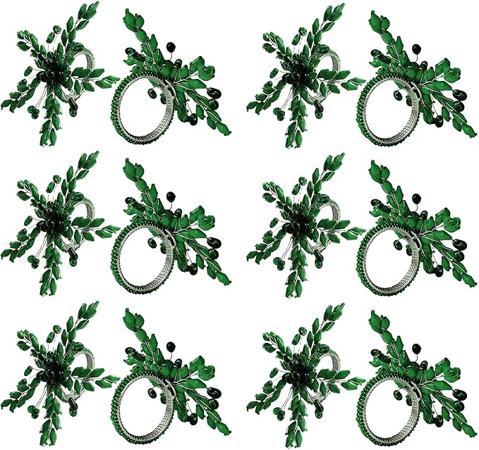 Napkin Rings Set of 12 for Dining Table Decoration Parties Everyday Metal Napkin Holder Leaf Dark Green (Pack of 12)