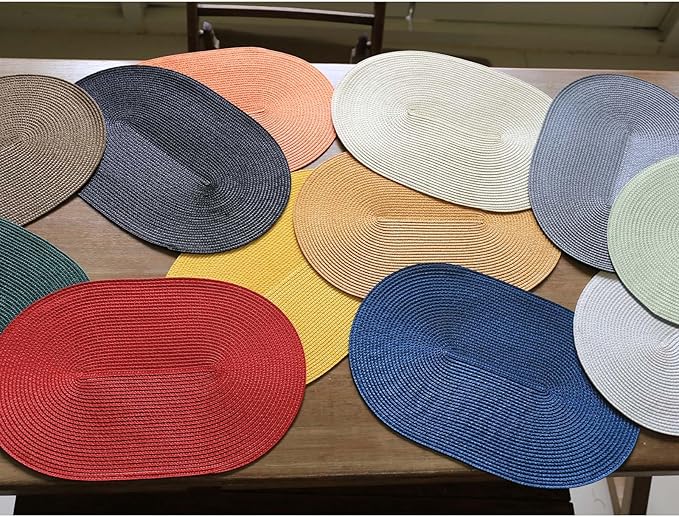 FunWheat Oval Braided Placemats Set of 8 Table Mats for Dining Tables Washable Heat Resistant Place Mats for Indoor Outdoor Use 12 x18 Inch(Oval Orange, 8pcs)