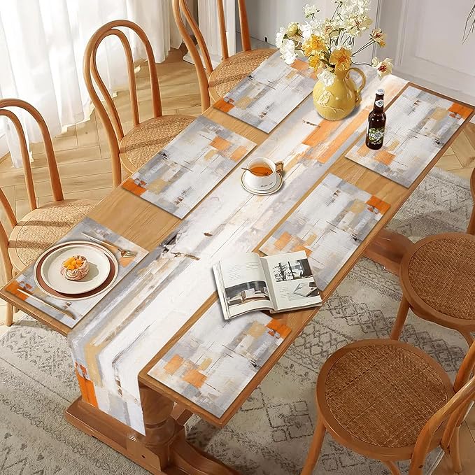 Mcalk Orange Table Runner and Placemats Set of 6, Abstract Grey Placemats, Modern Cloth Place Mats Indoor for Kitchen,Washable Linen Material for Dining Table