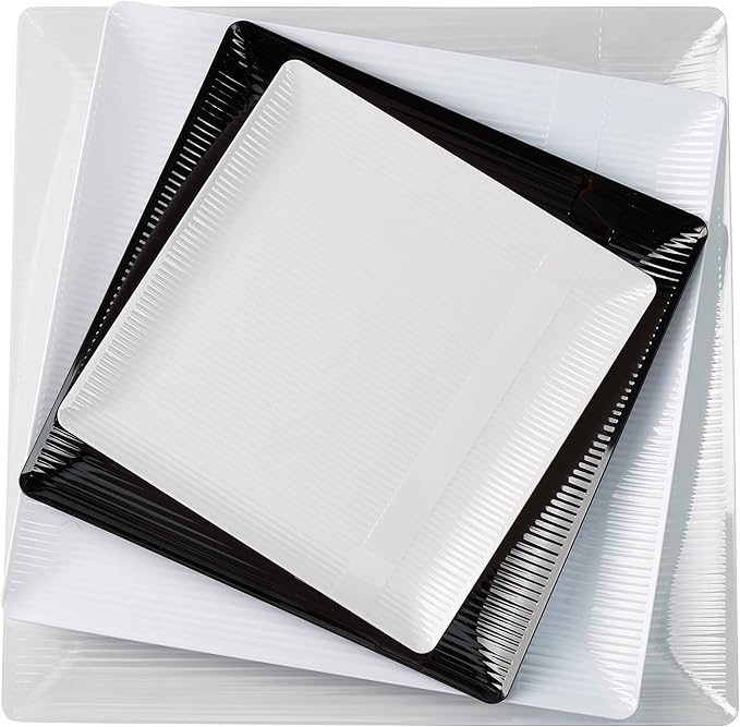 Exquisite Disposable-White-Plastic-Plates-Square Linear (40 Pack) Wedding Dinner Fancy Tableware Dishes (7.5 Inch., White) Single Size Set