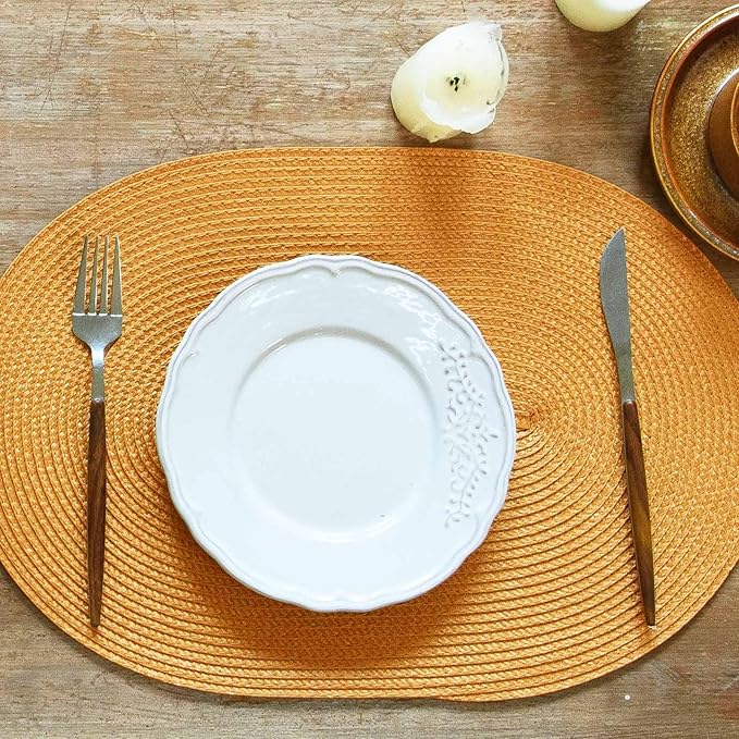 FunWheat Oval Braided Placemats Set of 6 Table Mats for Dining Tables Washable Heat Resistant Place Mats for Indoor Outdoor Use 12 x18 Inch(Oval Pumpkin, 6pcs)